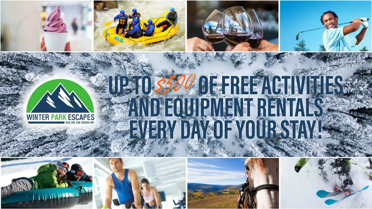 A lively collage-style exterior image featuring people white water rafting, skiing, snow tubing, golfing, horseback riding, savoring ice cream, and relaxing with wine, all set against a scenic mountain backdrop.