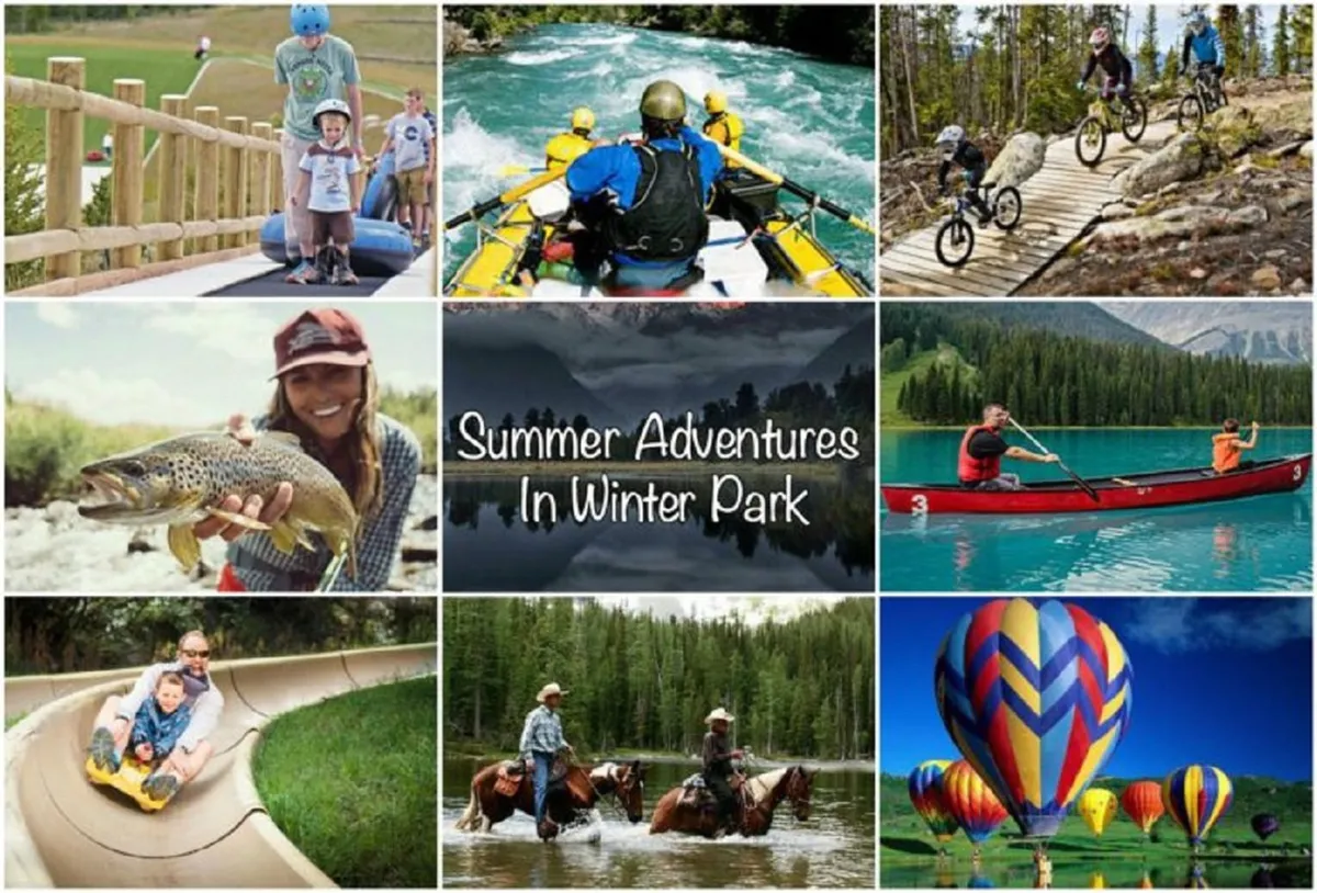 A vibrant exterior scene featuring children tubing, river rafting, mountain biking, fishing, sliding down a water slide, horseback riding, kayaking, and hot air balloons in the distance. The lively composition captures the thrill and diversity of outdoor activities available for families in every season, surrounded by stunning natural landscapes.
