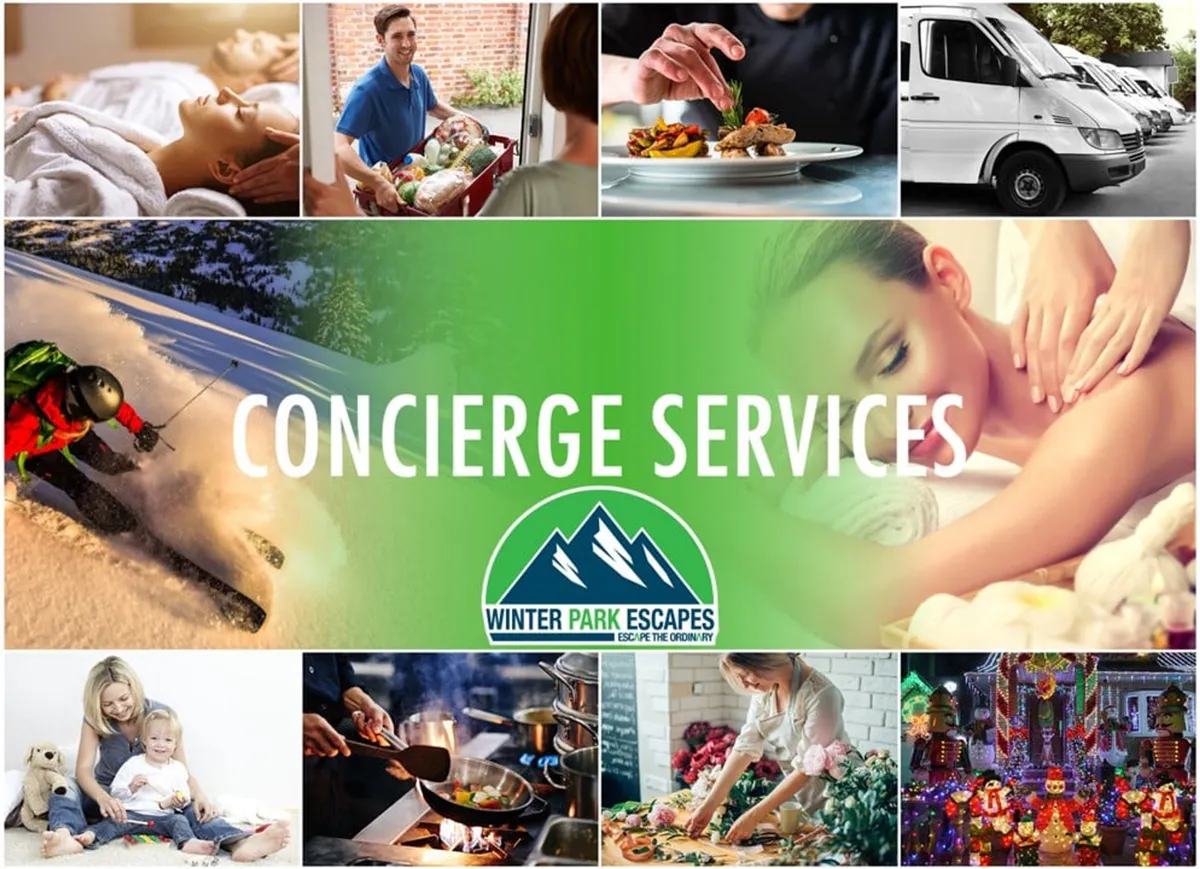 A collage-style display featuring concierge services available in Winter Park, such as skiing in snowy mountains, gourmet meals, spa treatments, and family activities—all branded with the Winter Park Escapes logo.